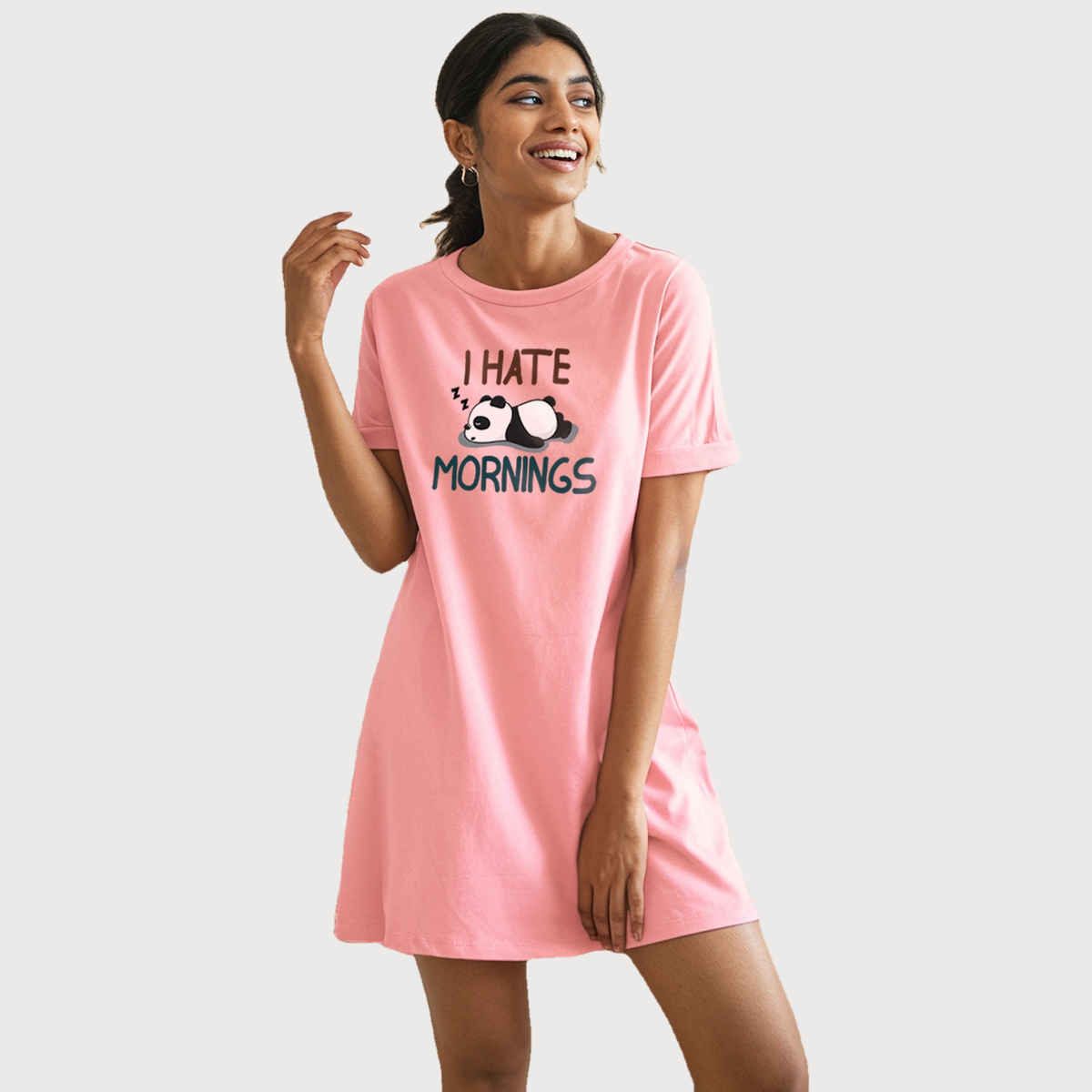 Fflirtygo Women's Cotton Long Tees | Morning Mood Short Nighty | Pink - M