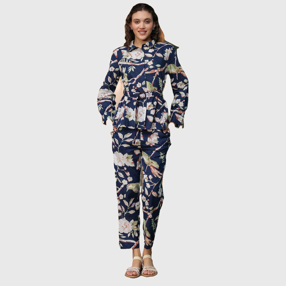 Sanskrutihomes Printed Pure Cotton Shirt & Trouser Co-Ords for Women | Navy Blue | L