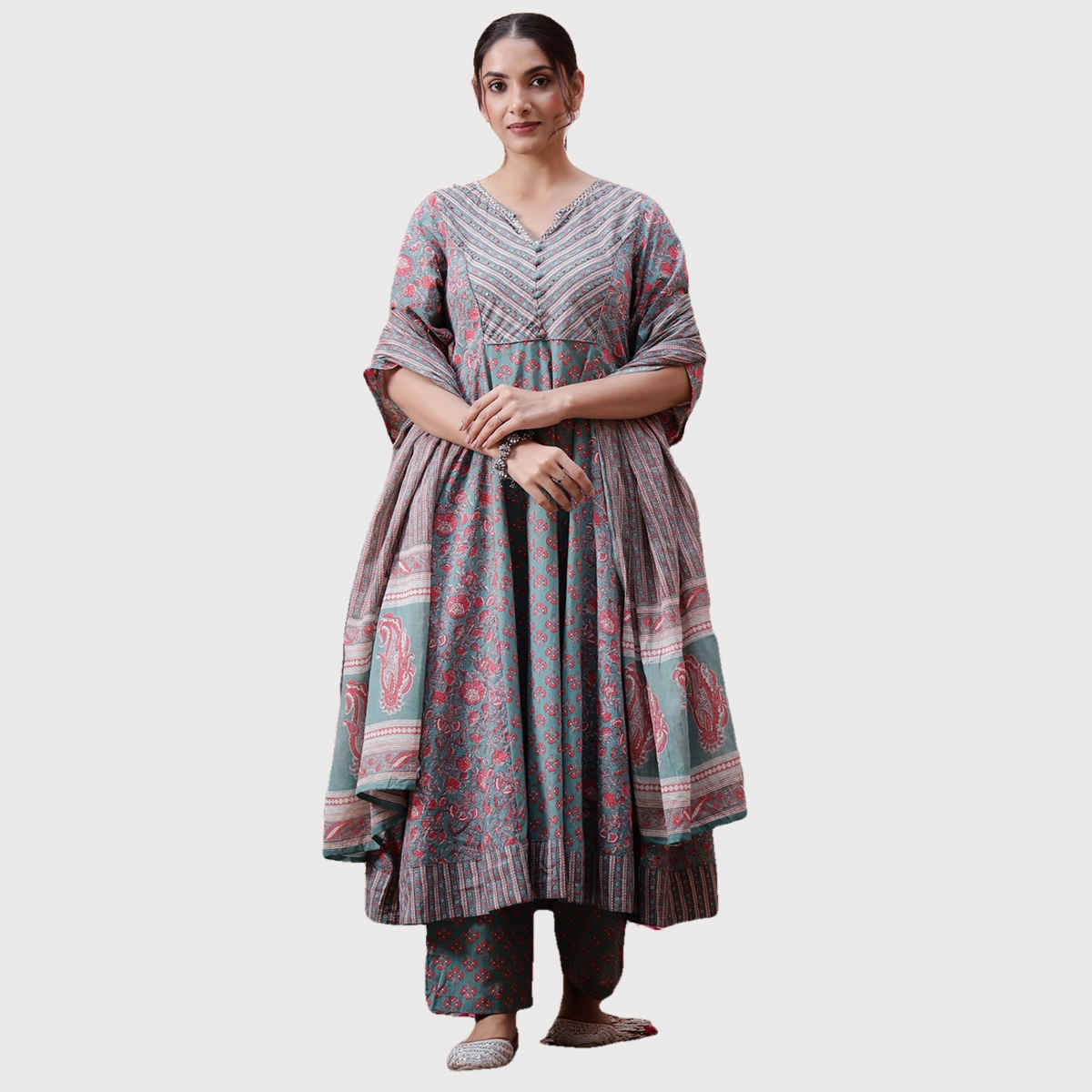 Rangdeep Ethnic Motifs Printed Empire Cotton Anarkali Kurta with Trousers & Dupatta | Women | L