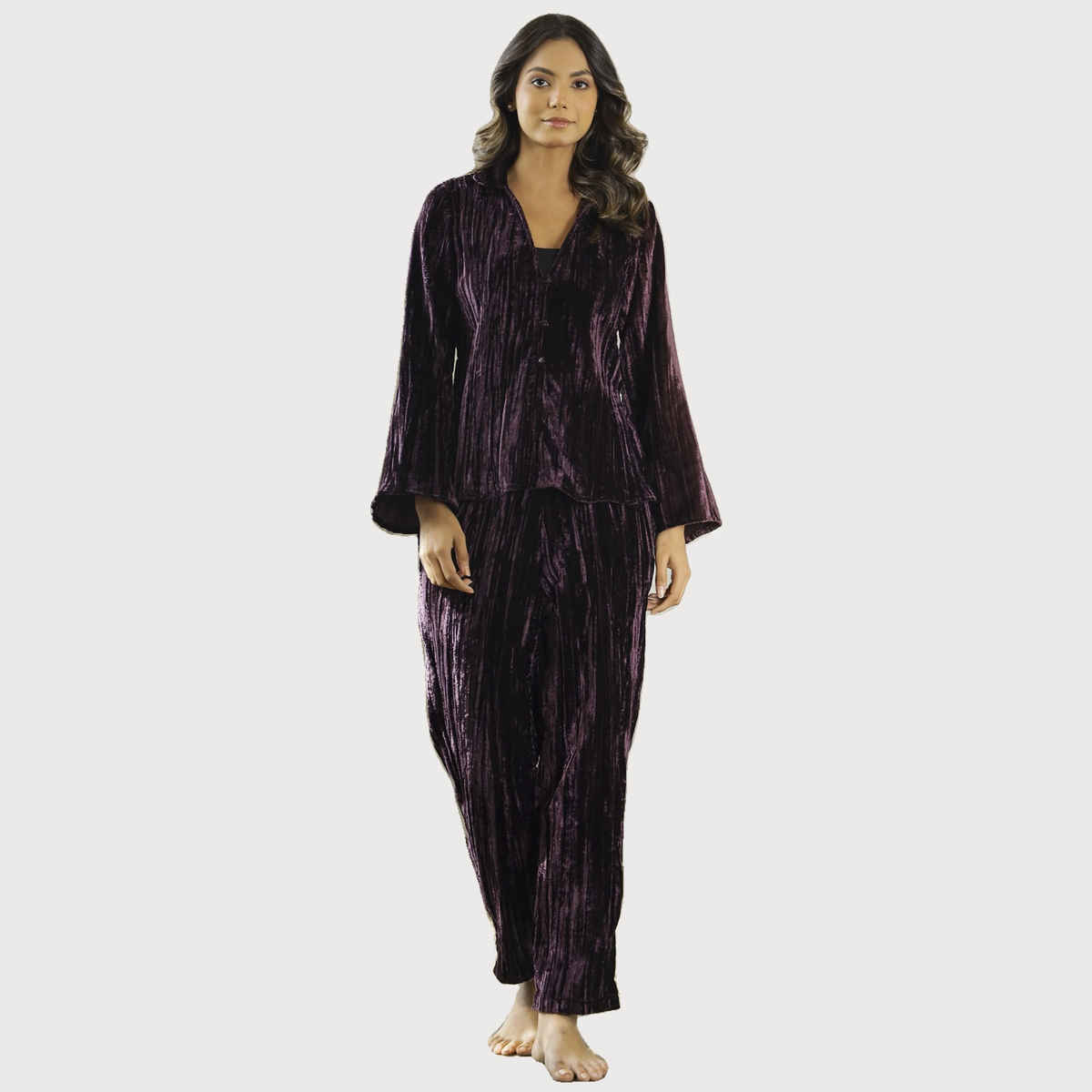 Sanskrutihomes Self Design Shirt Collar Night Suit | Violet | XL