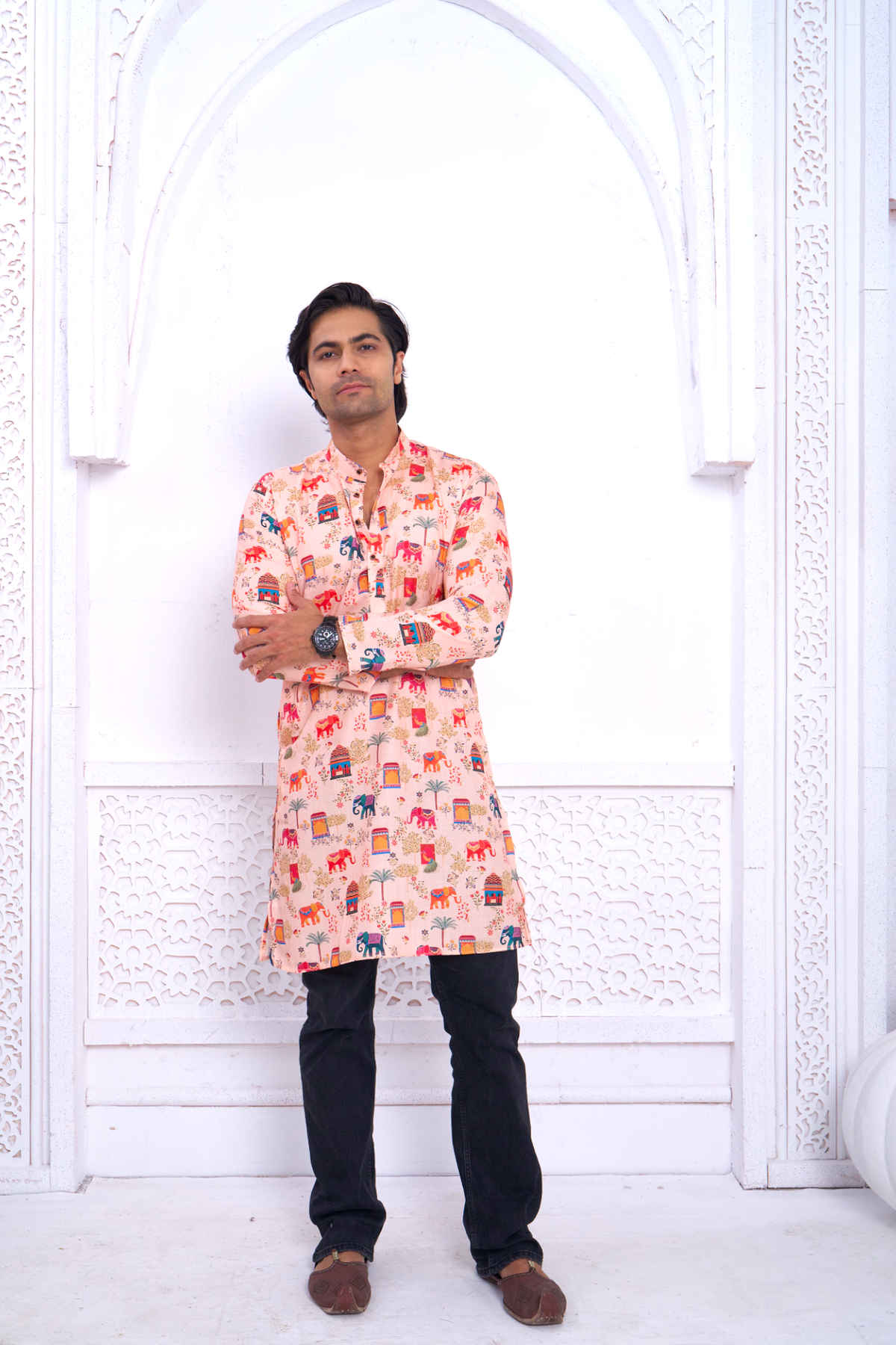 House Of Festivals Men's Printed Cotton Blend Ethnic Design Long Kurta | Multicolor - L