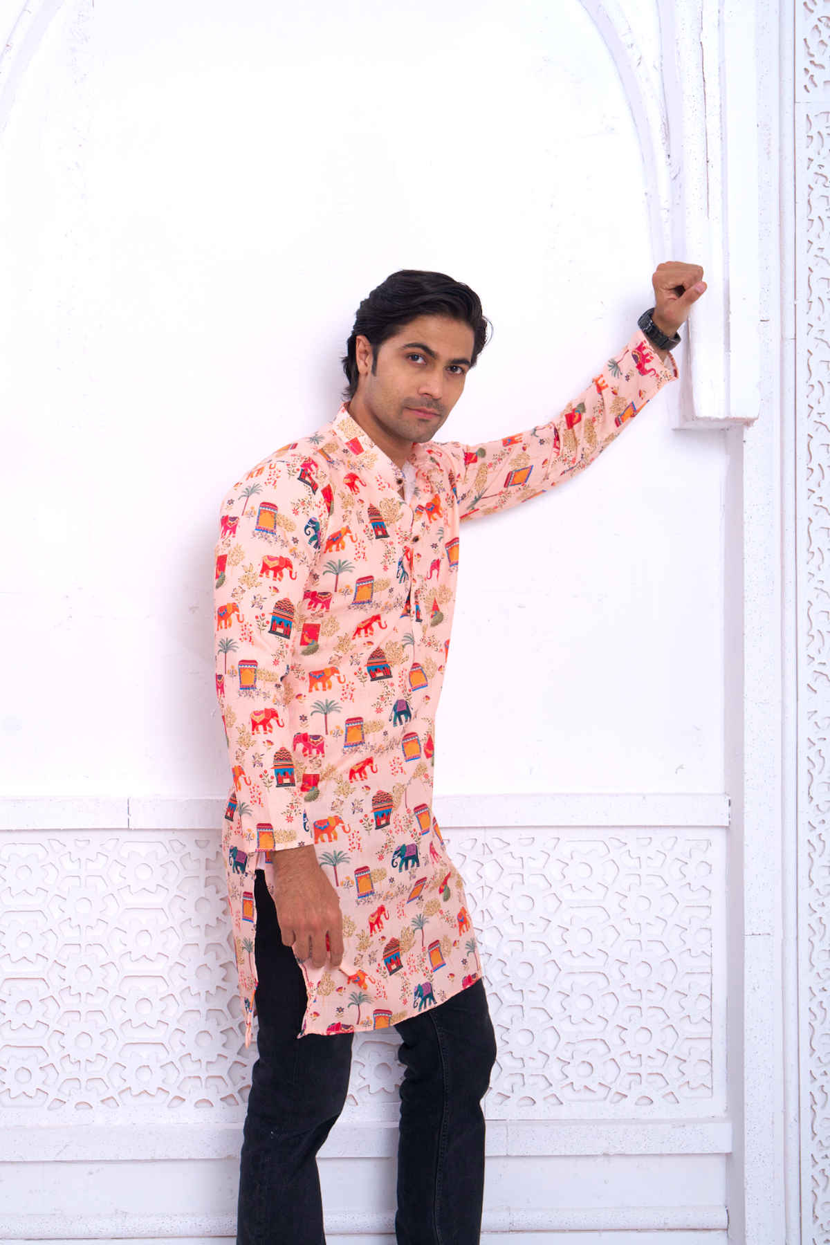 House Of Festivals Men's Printed Cotton Blend Ethnic Design Long Kurta | Multicolor - L