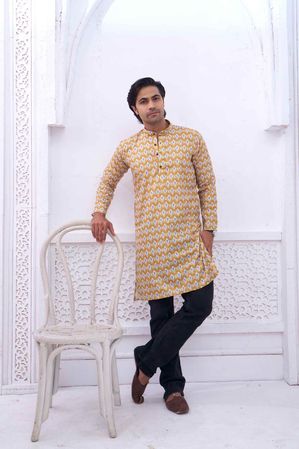 House Of Festivals Men's Printed Cotton Blend Long Kurta | Yellow - M