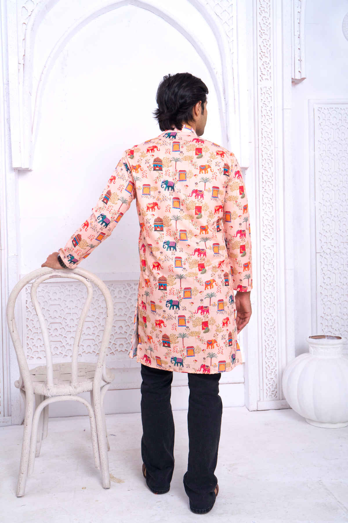 House Of Festivals Men's Printed Cotton Blend Ethnic Design Long Kurta | Multicolor - L
