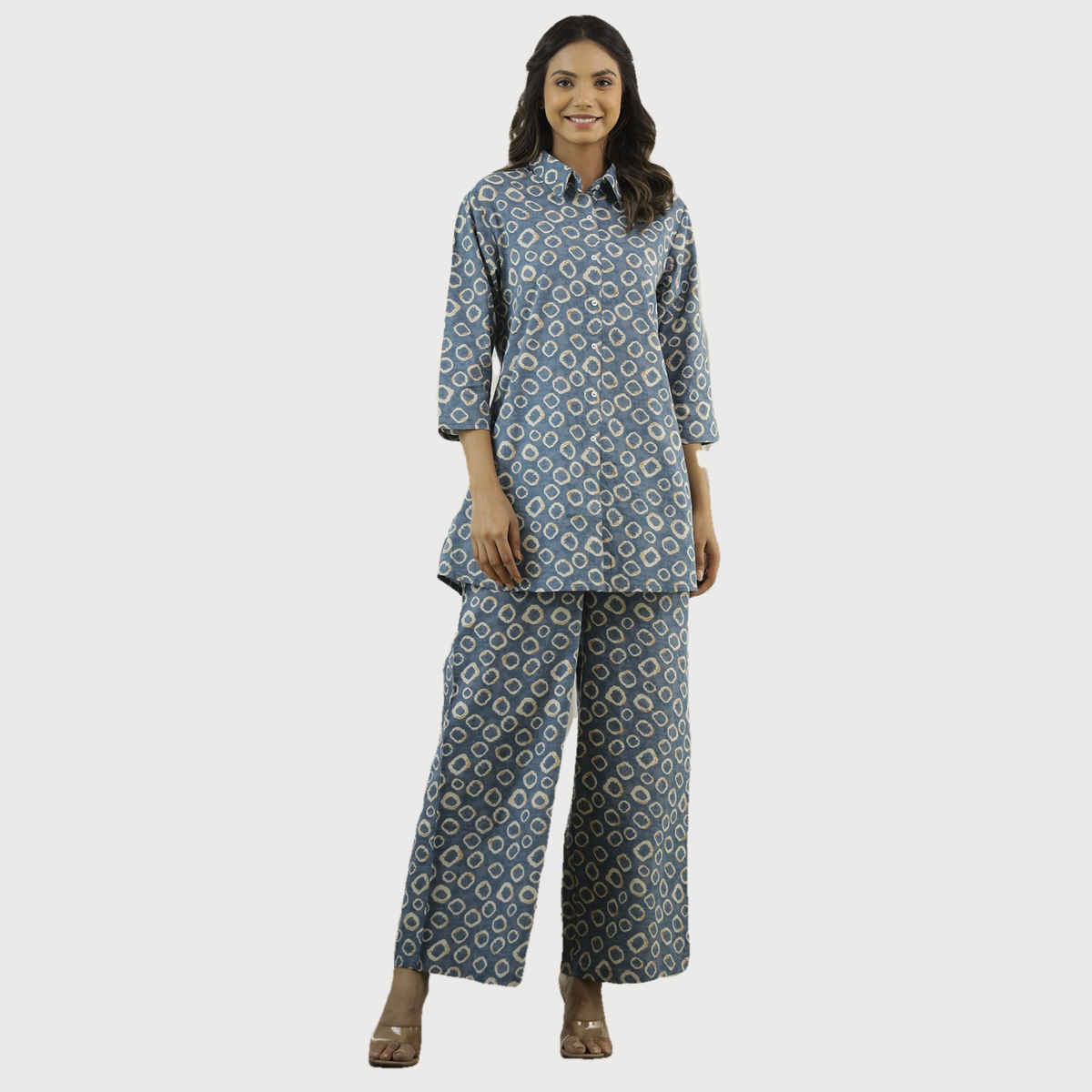 Sanskrutihomes Printed Pure Cotton Shirt And Trousers | Blue | M