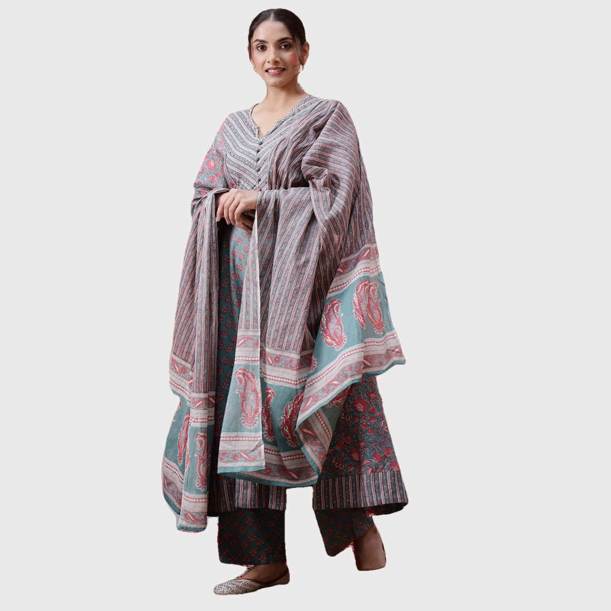 Rangdeep Ethnic Motifs Printed Empire Cotton Anarkali Kurta with Trousers & Dupatta | Women | L