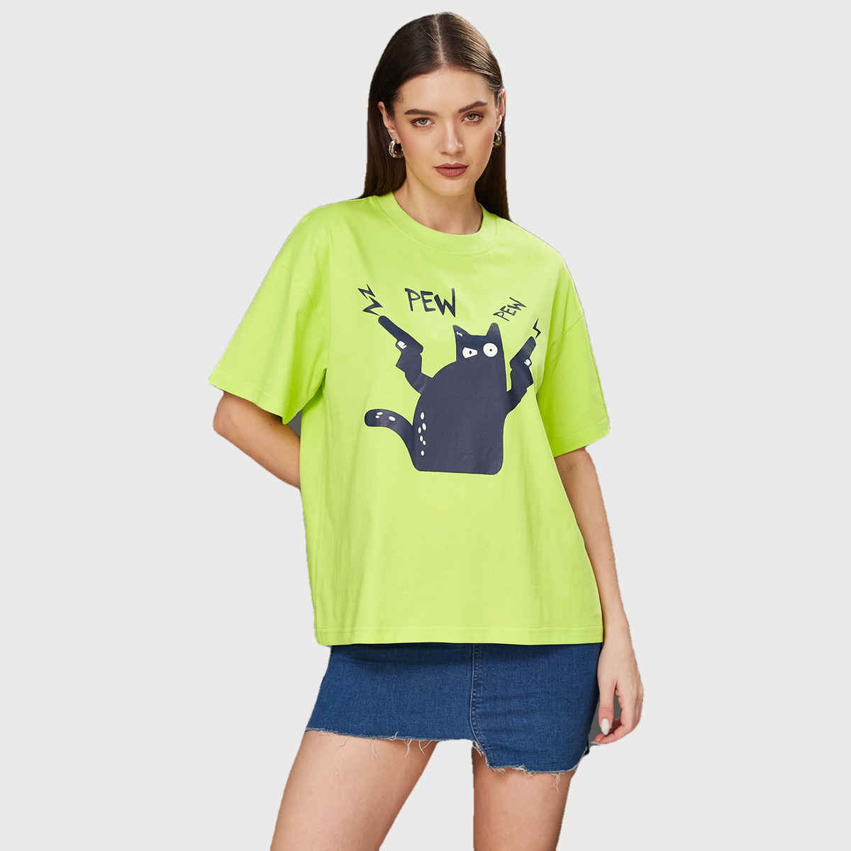 Miss Chase Women s Pew Pew Cat Oversized Tee Lime Green | XL