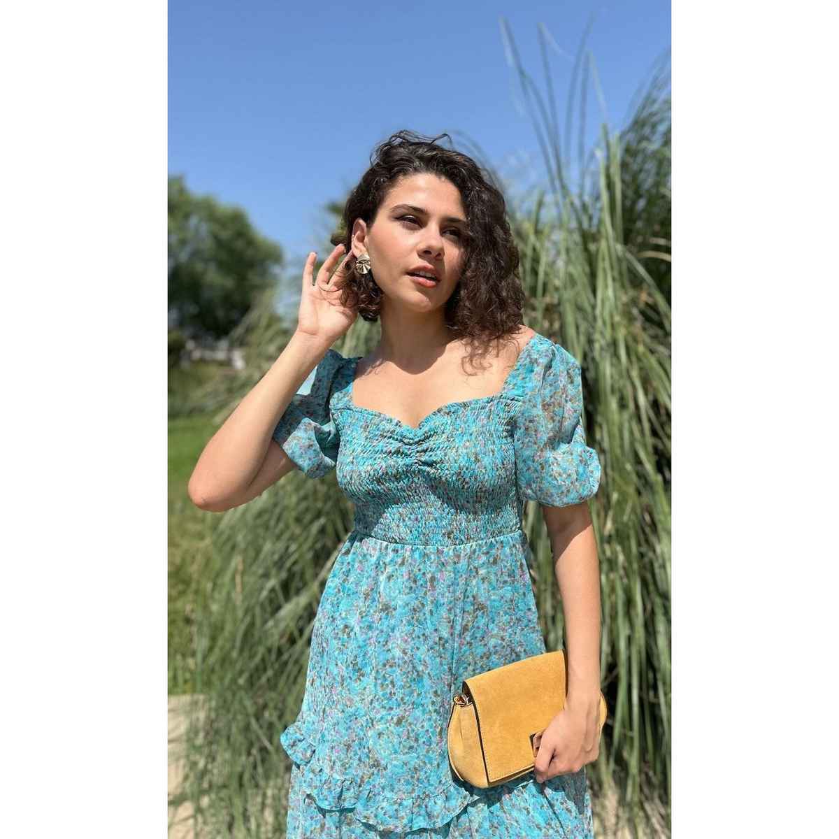 Sheetal Women's Floral Print Georgette Tiered Maxi Dress | DR11262 | Turquoise - XL