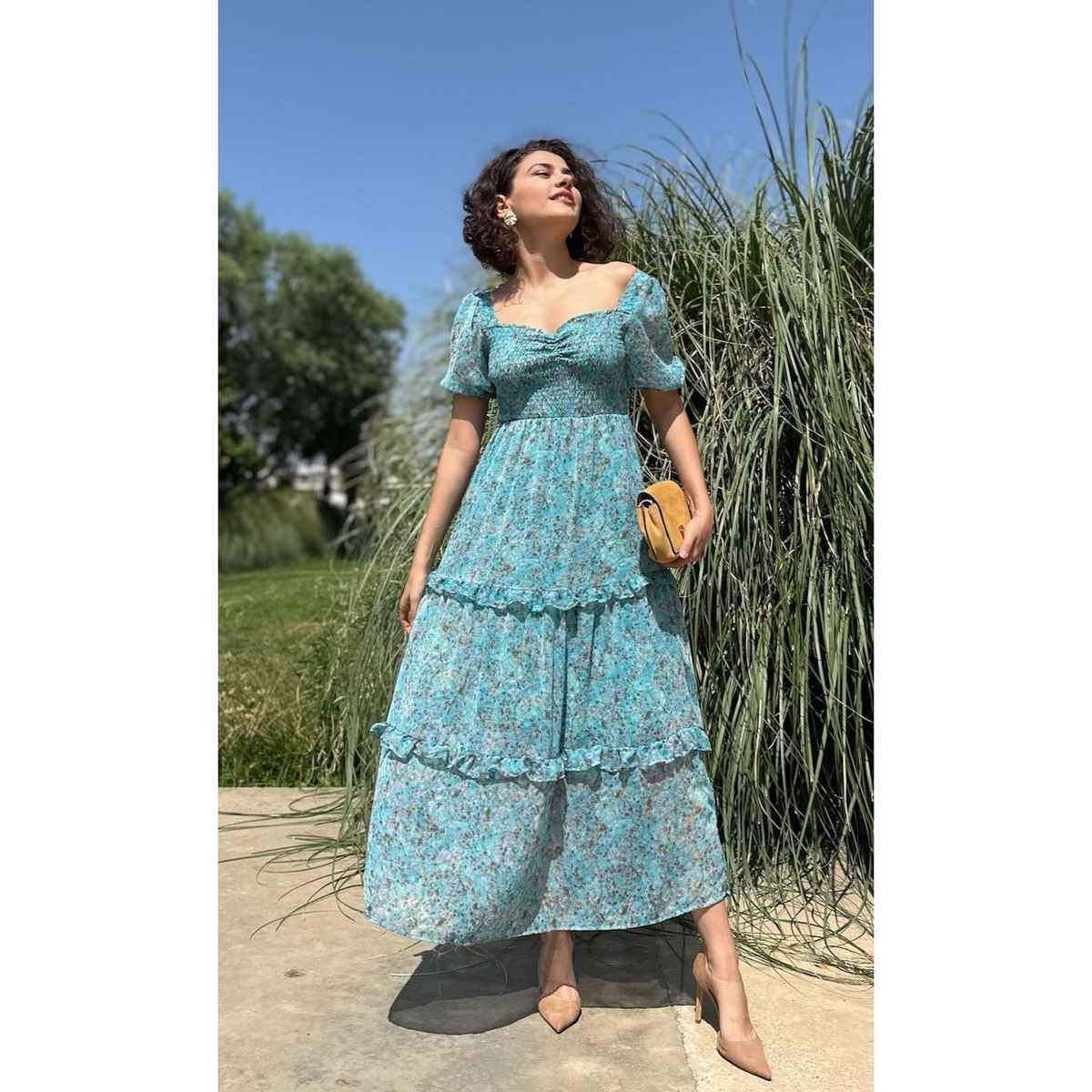 Sheetal Women's Floral Print Georgette Tiered Maxi Dress | DR11262 | Turquoise - M