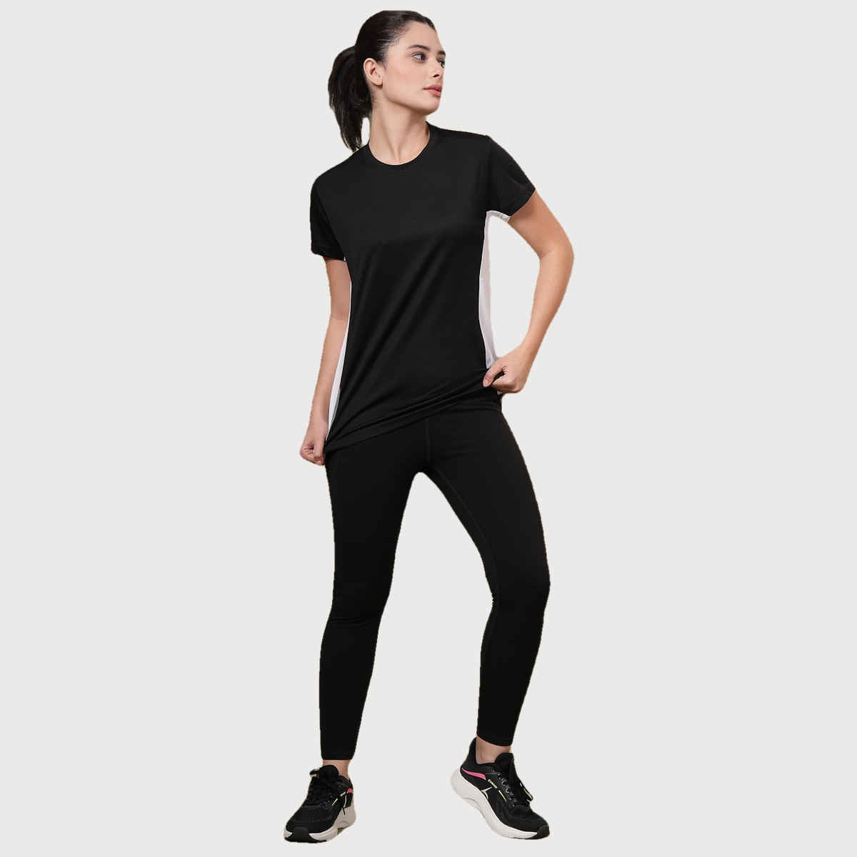 Chkokko Women's Round Neck Regular Fit Half Sleeves Gym T-shirt | Black and White - S