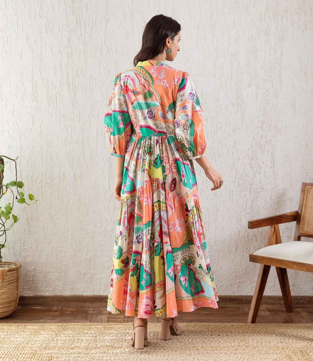 Sheetal Associates Women's Floral Printed Fit and Flare V Neck Maxi Dress | 12085 | Multicolor - M