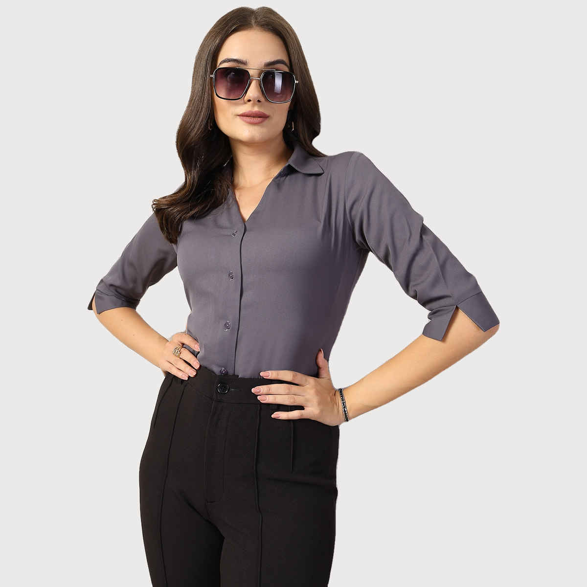 Style Quotient Women Solid Polymoss Regular Casual Shirt | M | AW24SQARTI - Grey