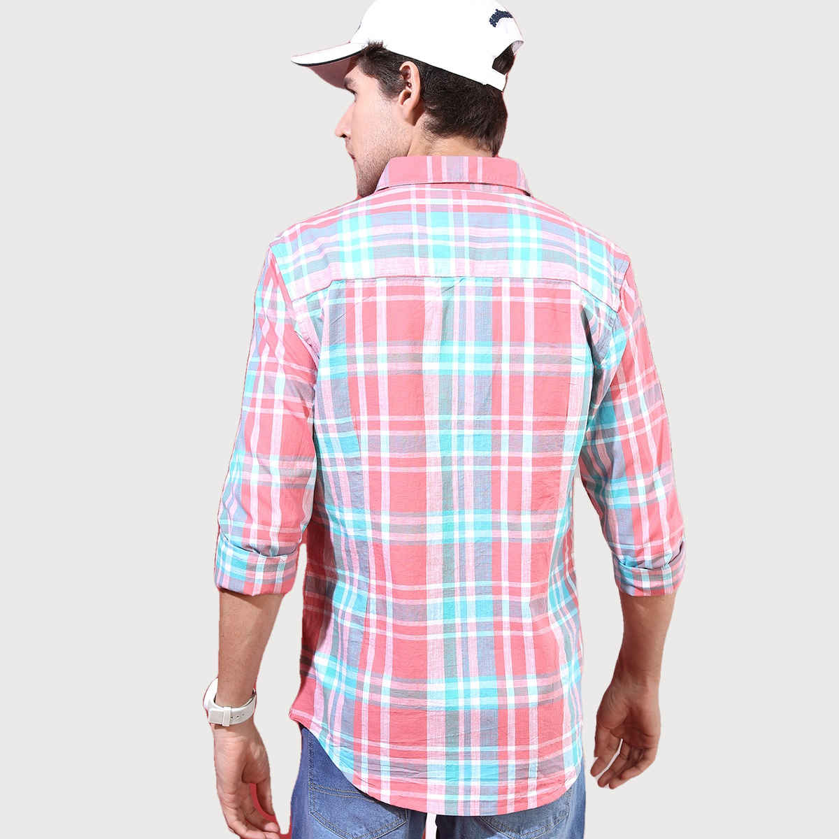 Highlander Men's Slim Fit Checked Casual Shirt - Coral and White | L