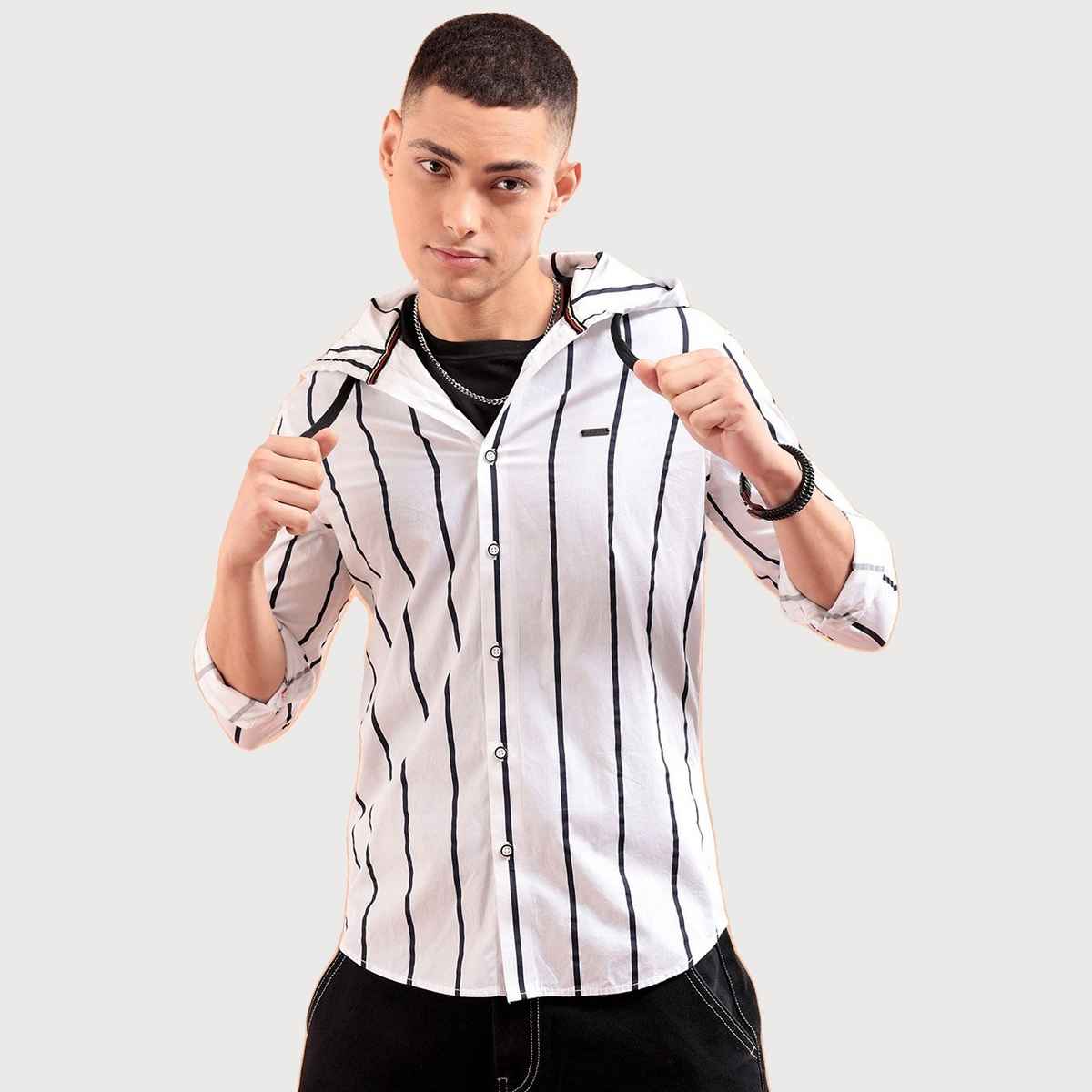 The Indian Garage Co Men's Slim Fit Vertical Striped Casual Shirt | White - M