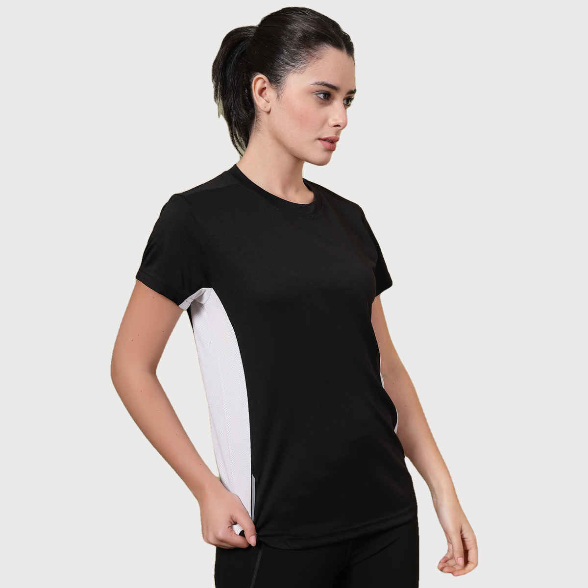Chkokko Women's Round Neck Regular Fit Half Sleeves Gym T-shirt | Black and White - S