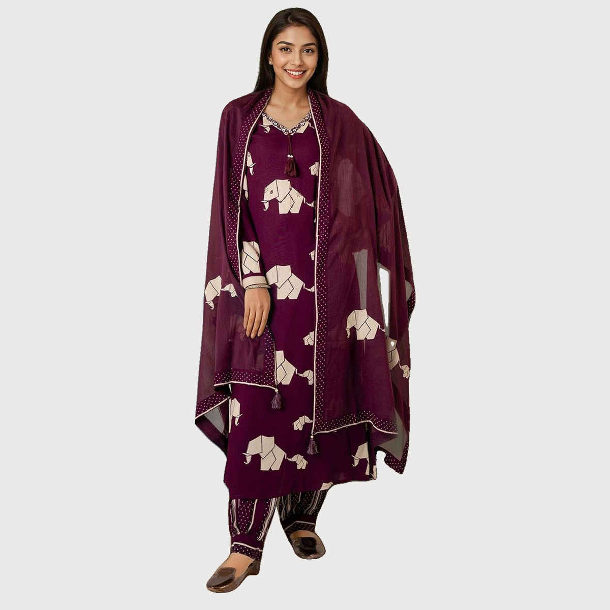 Ishin Women Cotton Kurta Set with Dupatta | INWSDS24232 | Wine - S
