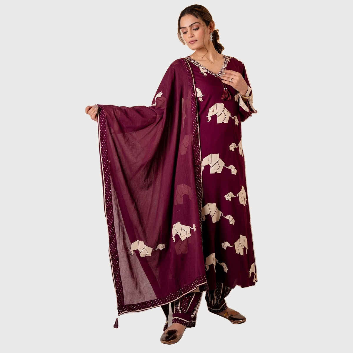 Ishin Women Cotton Kurta Set with Dupatta | INWSDS24232 | Wine - S