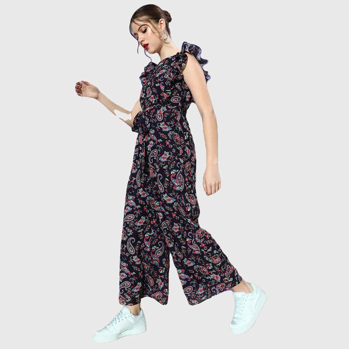 Miss Chase Women Multicolored-Base-Round Neck Sleeveless Floral Wide Leg Jumpsuit | Navy Blue | S