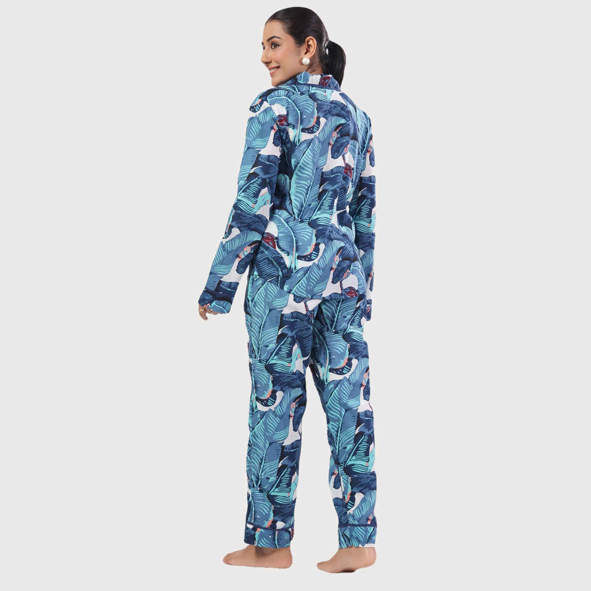 Sanskrutihomes Women Tropical Printed Pure Cotton Blue Night Suit SE-NSP-565 | M