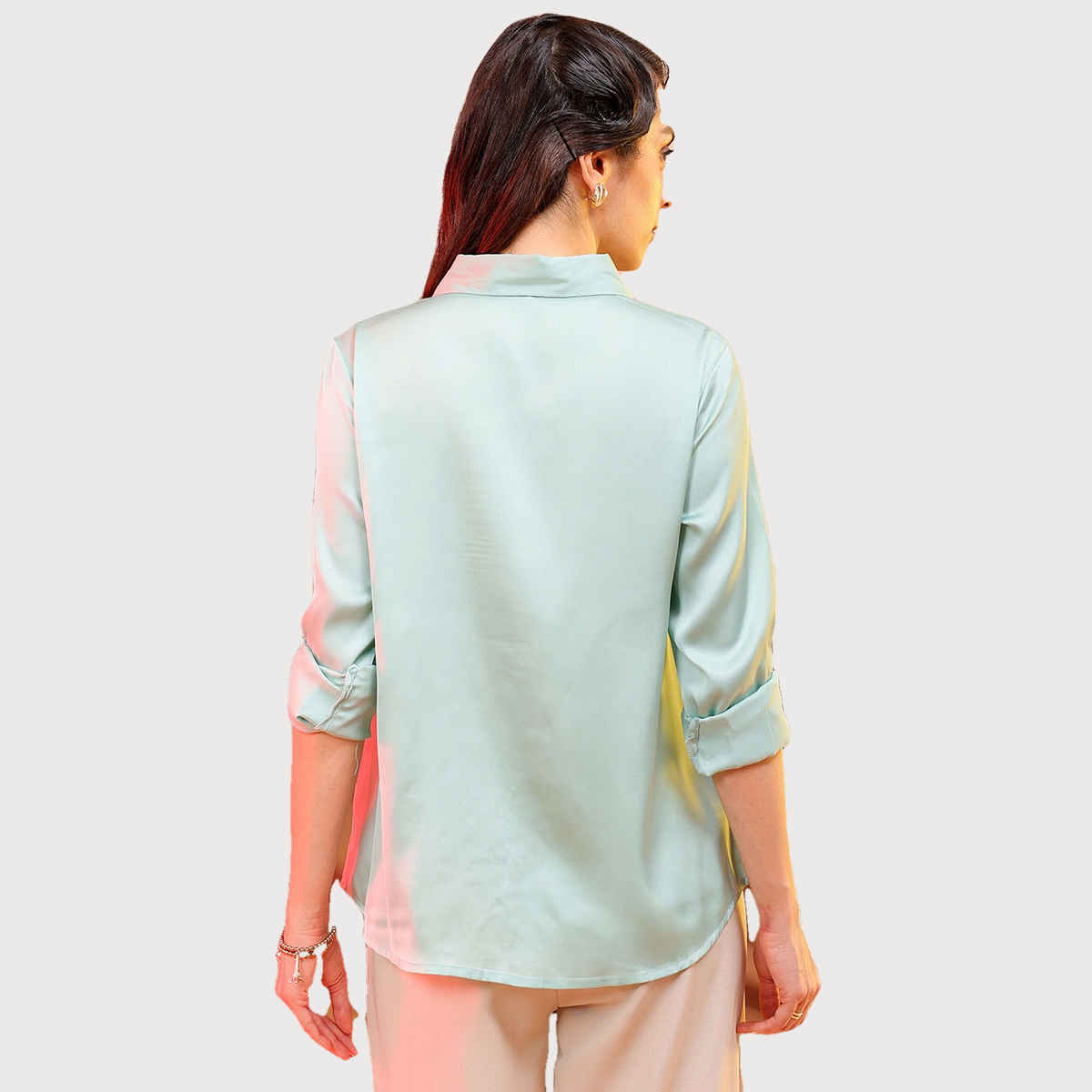 Freehand Women's Slim Solid Casual Solid Satin Shirt | Light Green - XL
