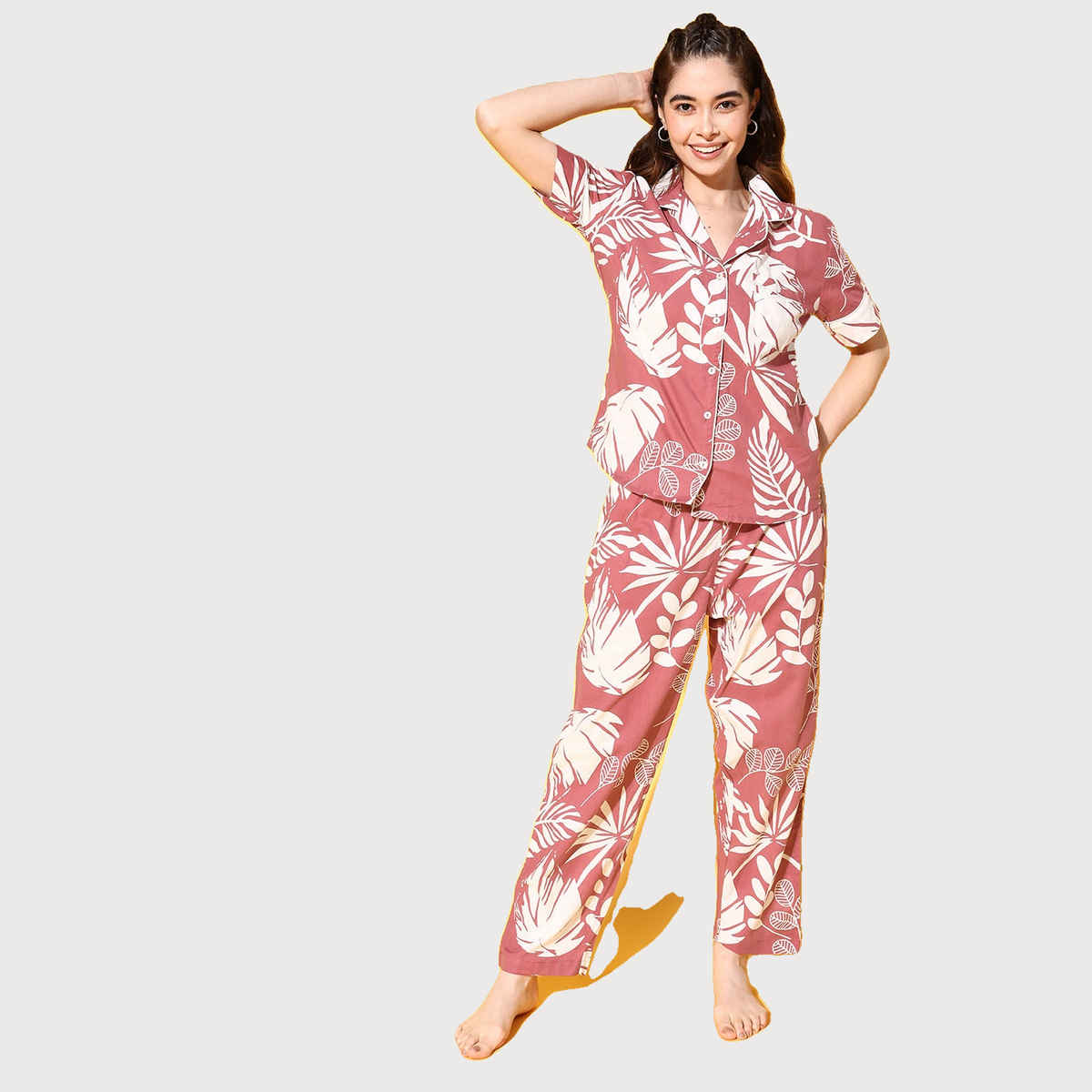 Sanskrutihomes Women Dusty Pink & White Pure Cotton Floral Printed Night Suit SE-NSP-94 | M