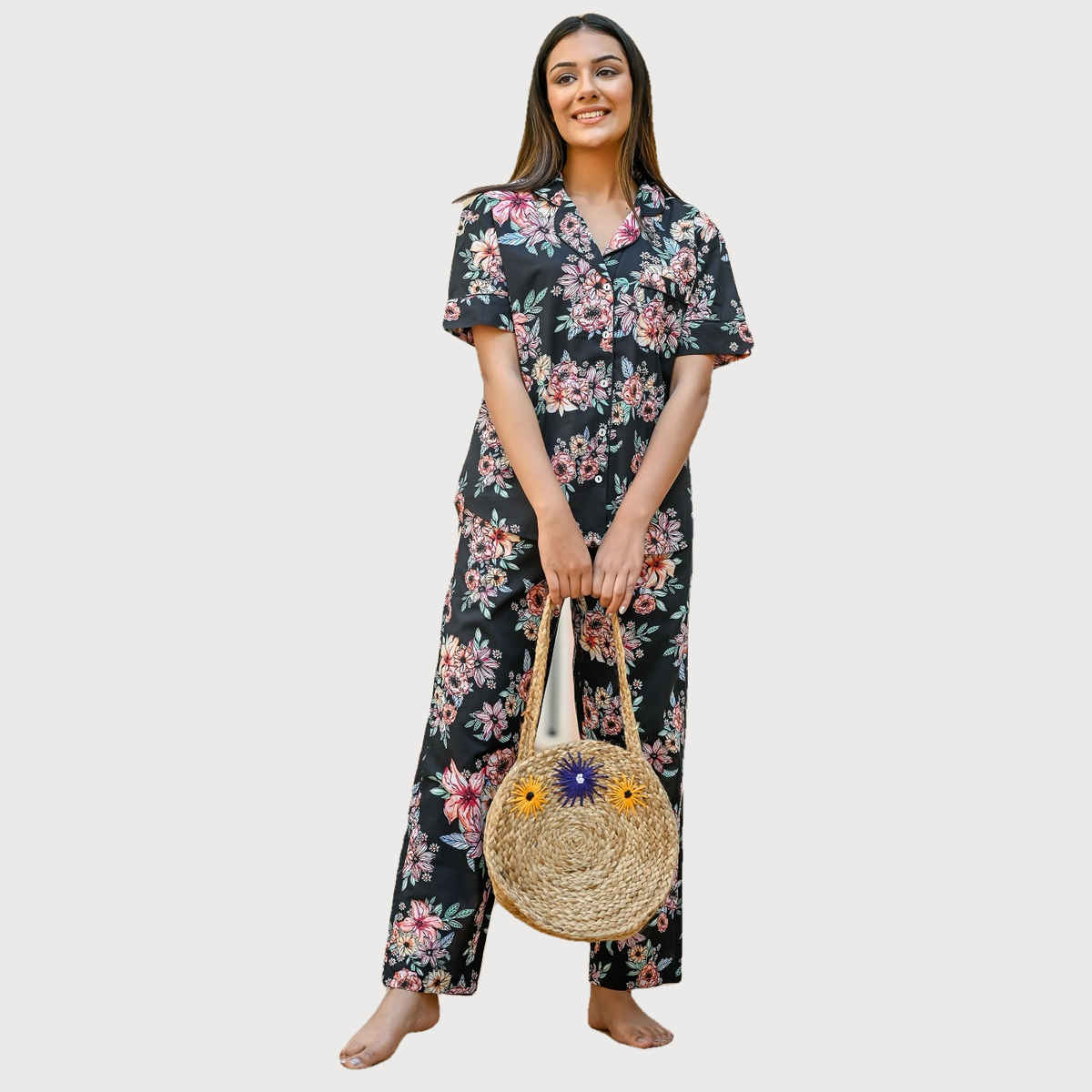 Sanskrutihomes Women Black Pure Cotton Floral Print Pyjama | Set M