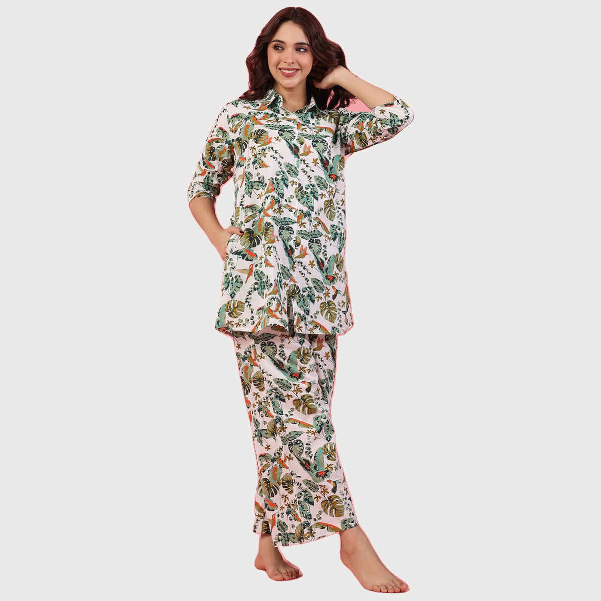 Sanskrutihomes Floral Printed Pure Cotton Night Suit | White - Green | S