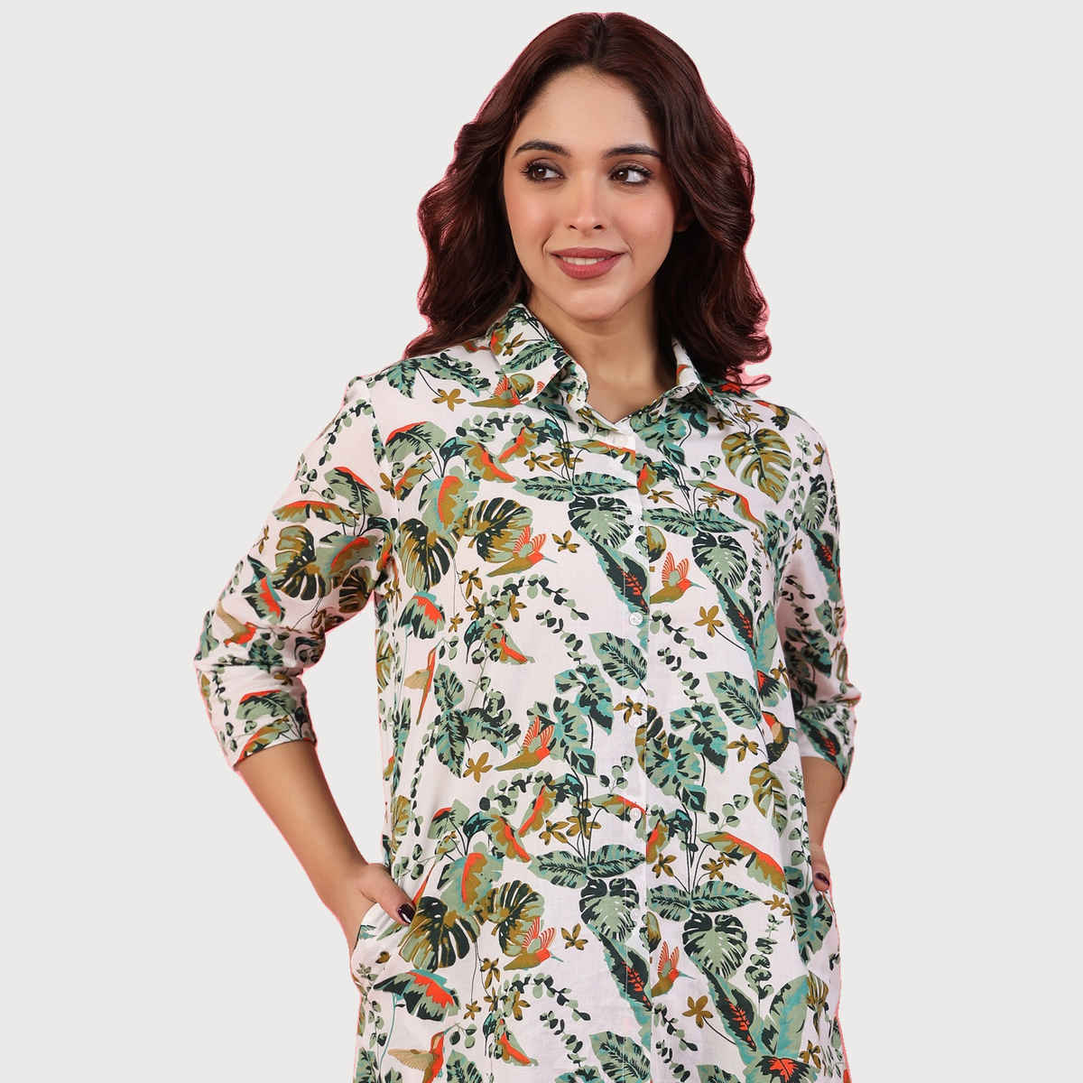 Sanskrutihomes Floral Printed Pure Cotton Night Suit | White - Green | S
