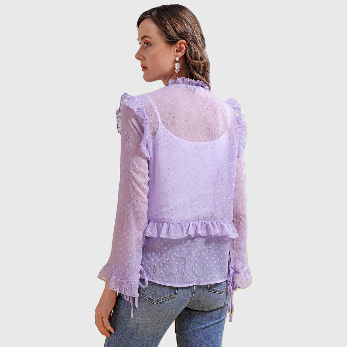 Freehand Women | Loose Textured Casual Ruffled Top | Light Lilac | M