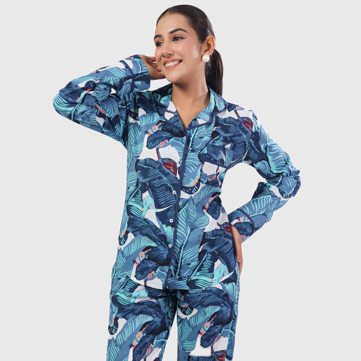 Sanskrutihomes Women Tropical Printed Pure Cotton Blue Night Suit SE-NSP-565 | M