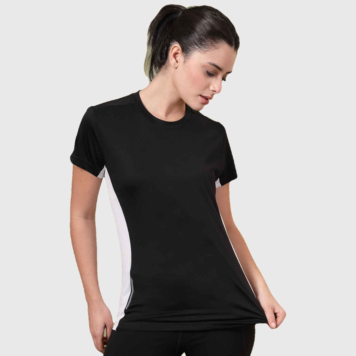 Chkokko Women's Round Neck Regular Fit Half Sleeves Gym T-shirt | Black and White - S