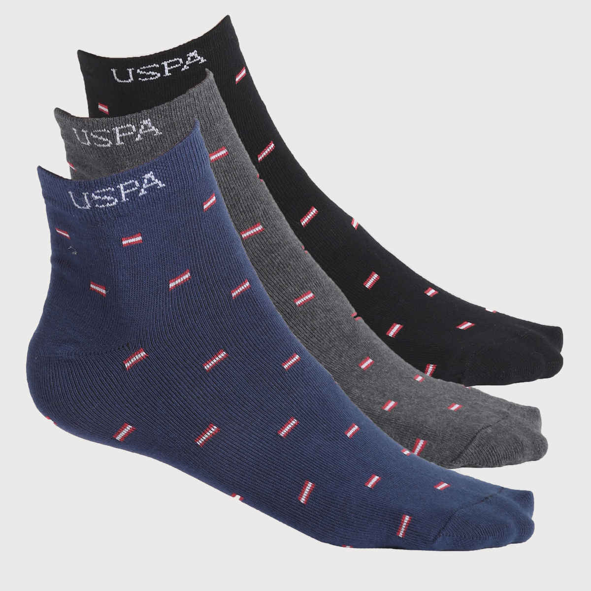 USPA Stretchable Ankle Socks For Men Cotton - Pack of 3 - Navy, Black and Grey - One Size