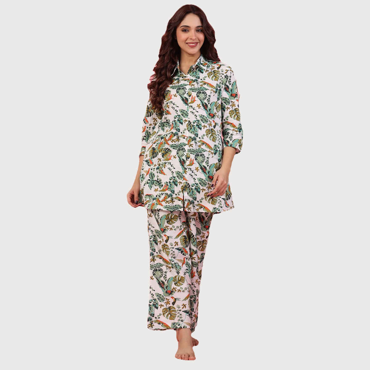 Sanskrutihomes Floral Printed Pure Cotton Night Suit | White - Green | S