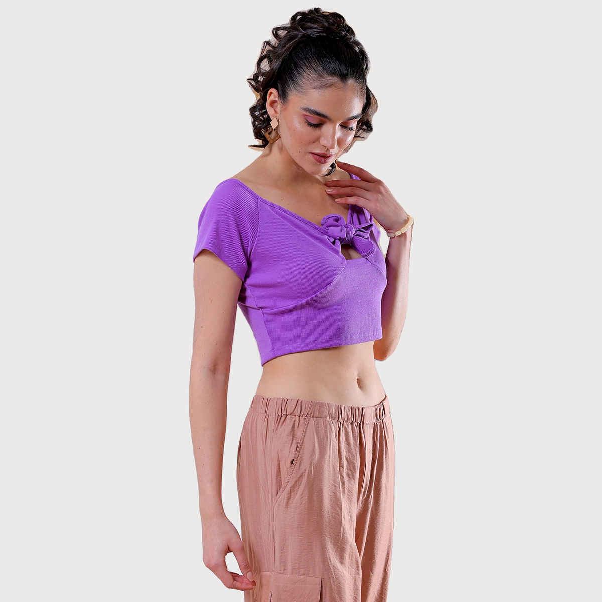 Freehand Women's Fitted Solid Casual Off Shoulder Top | Amethyst Orchid | M