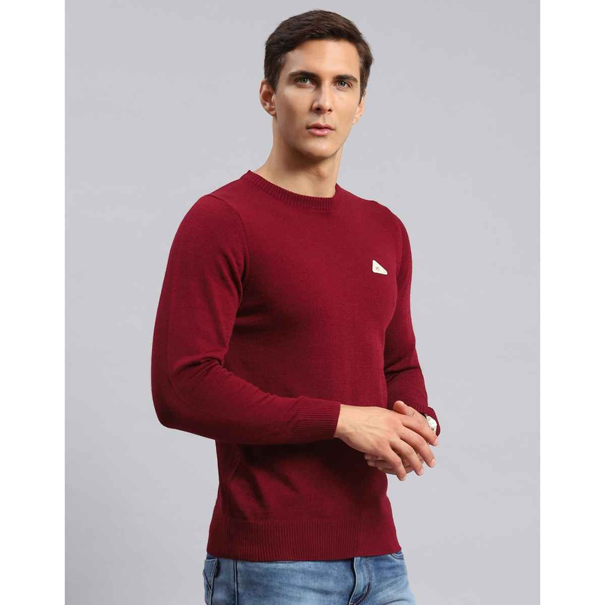 Monte Carlo Mens Solid Red Round Neck Full Sleeve Pullover | 1240522Rn-1140-38 | M