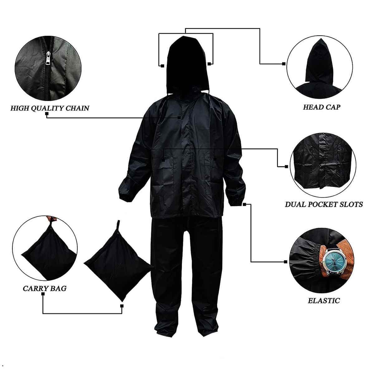 INFISPACE Adult Unisex Polyester Raincoat Suit with Adjustable Cap & Pockets Black Color XXL