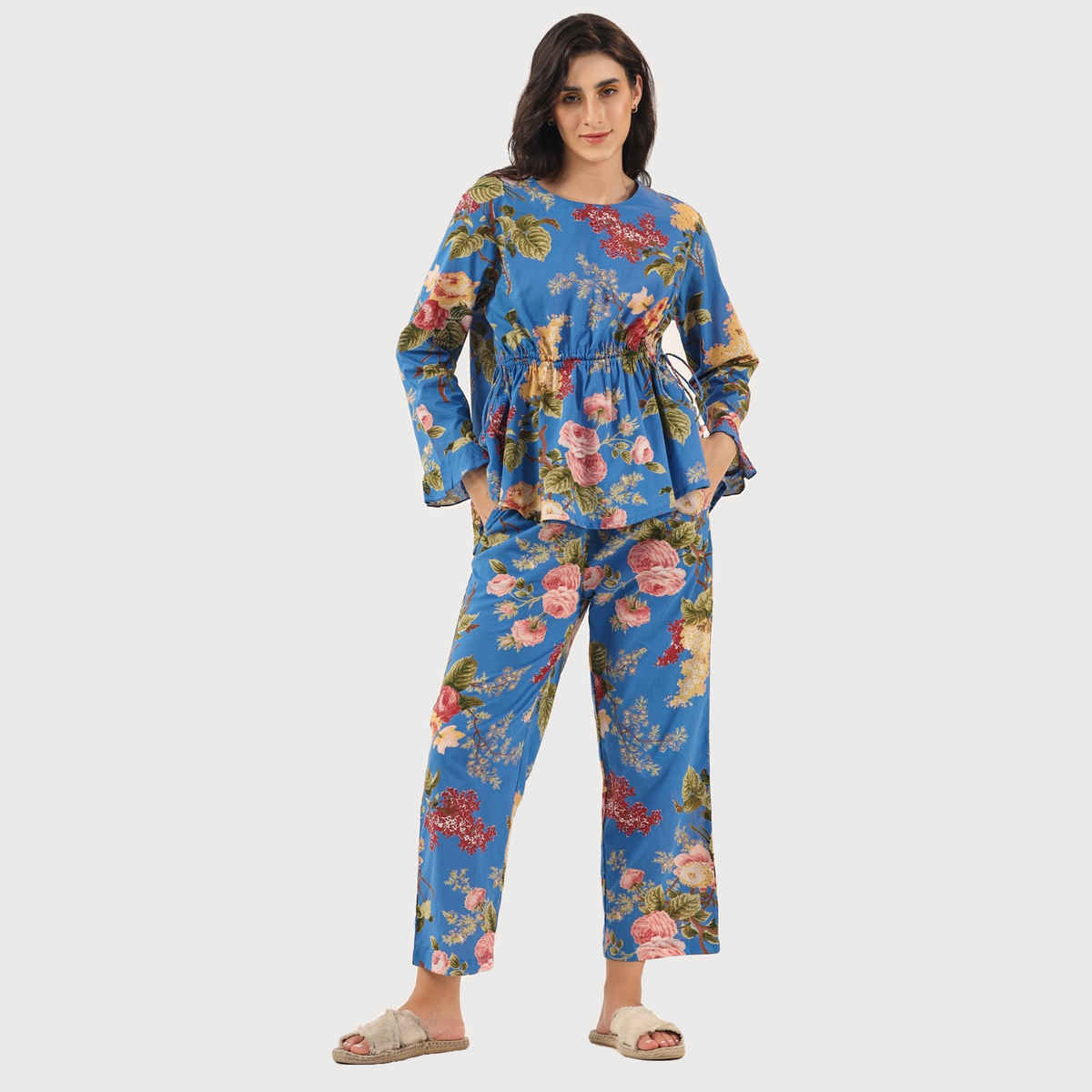 Sanskrutihomes Floral Printed Pure Cotton Night Suit | Blue | XL