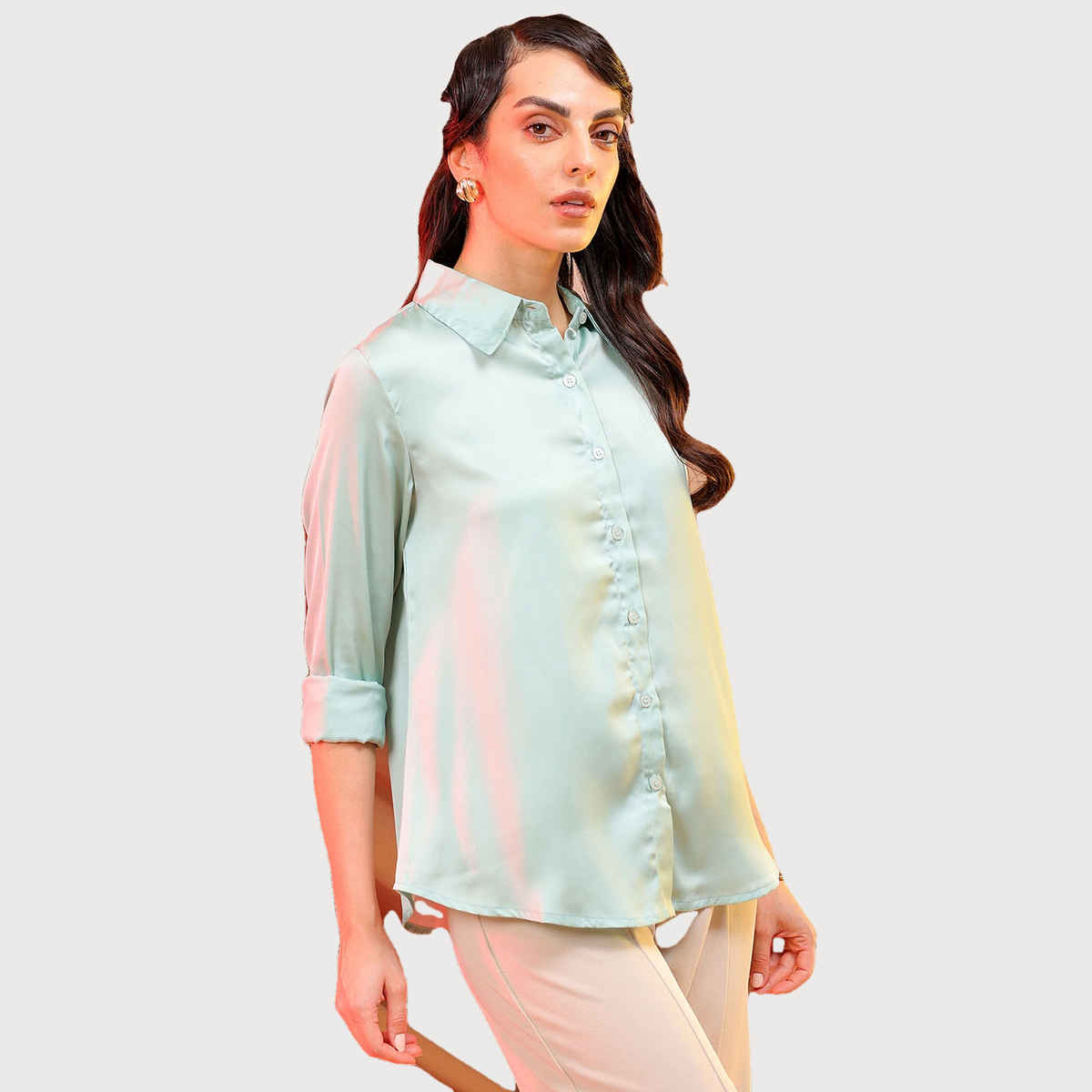 Freehand Women's Slim Solid Casual Solid Satin Shirt | Light Green - XL