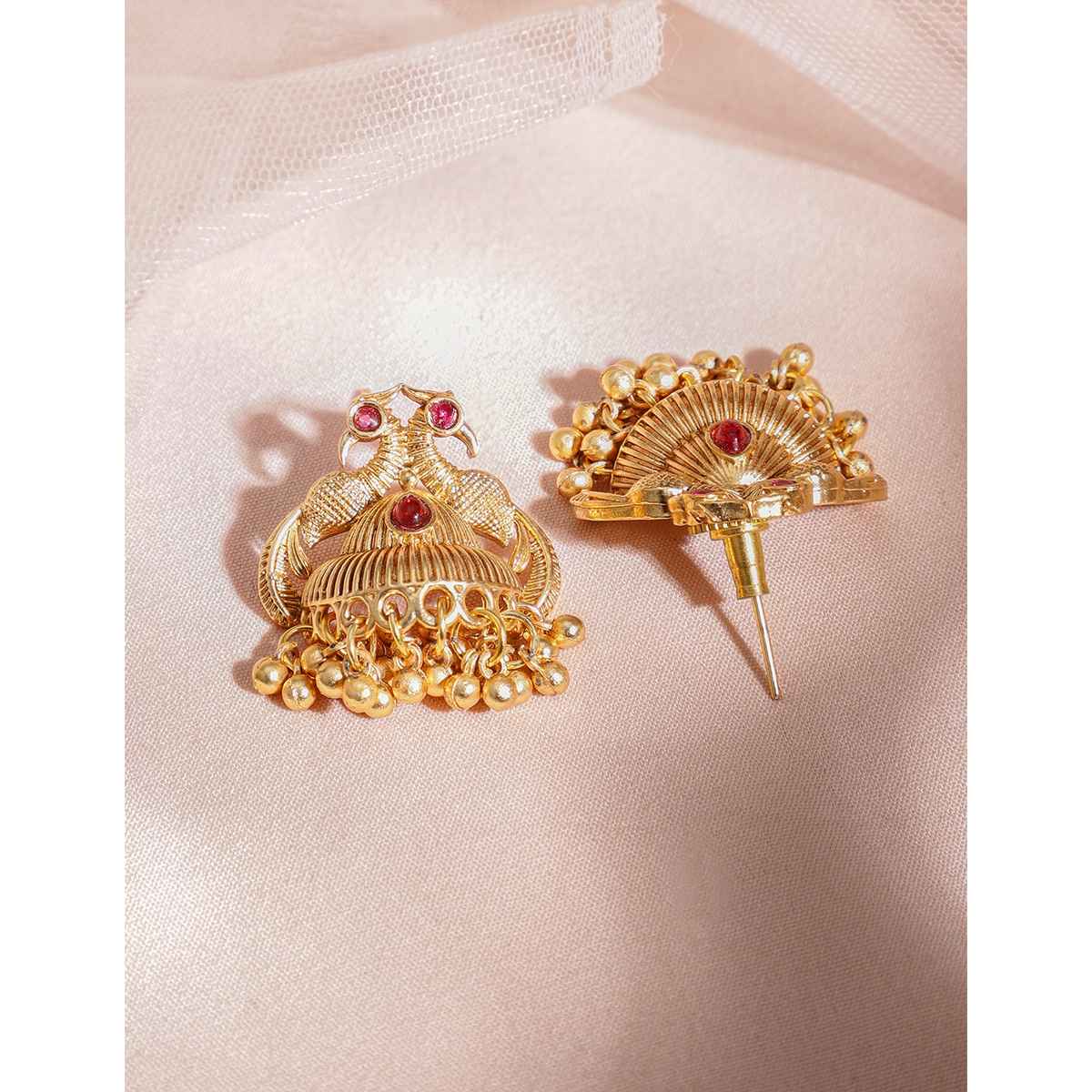 Rubans 22K Gold-Plated Red Stone with Gold Beaded Peacock Design Traditional Necklace Set