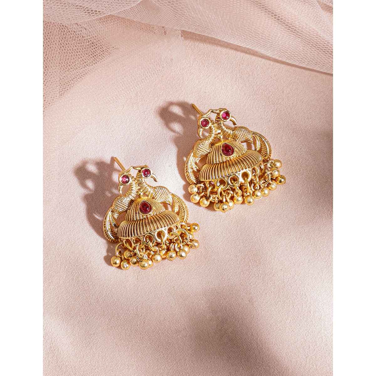 Rubans 22K Gold-Plated Red Stone with Gold Beaded Peacock Design Traditional Necklace Set
