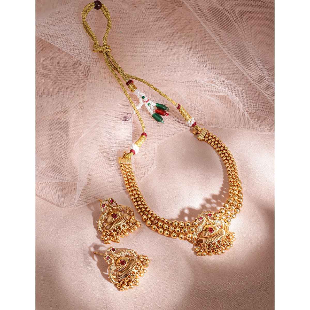 Rubans 22K Gold-Plated Red Stone with Gold Beaded Peacock Design Traditional Necklace Set