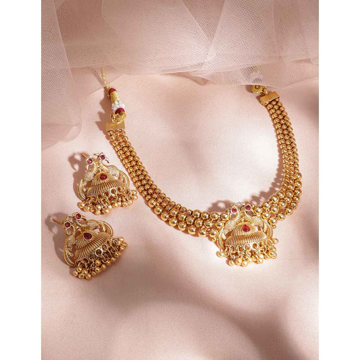 Rubans 22K Gold-Plated Red Stone with Gold Beaded Peacock Design Traditional Necklace Set