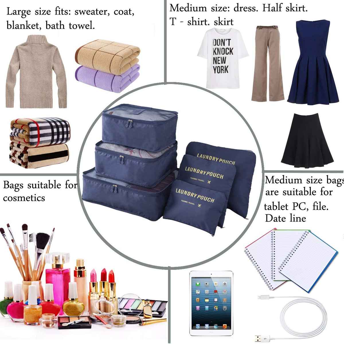 Awestuffs 6 pcs Luggage Compression Pouches, Laundry Bags and Digital Pouch | Navy Blue