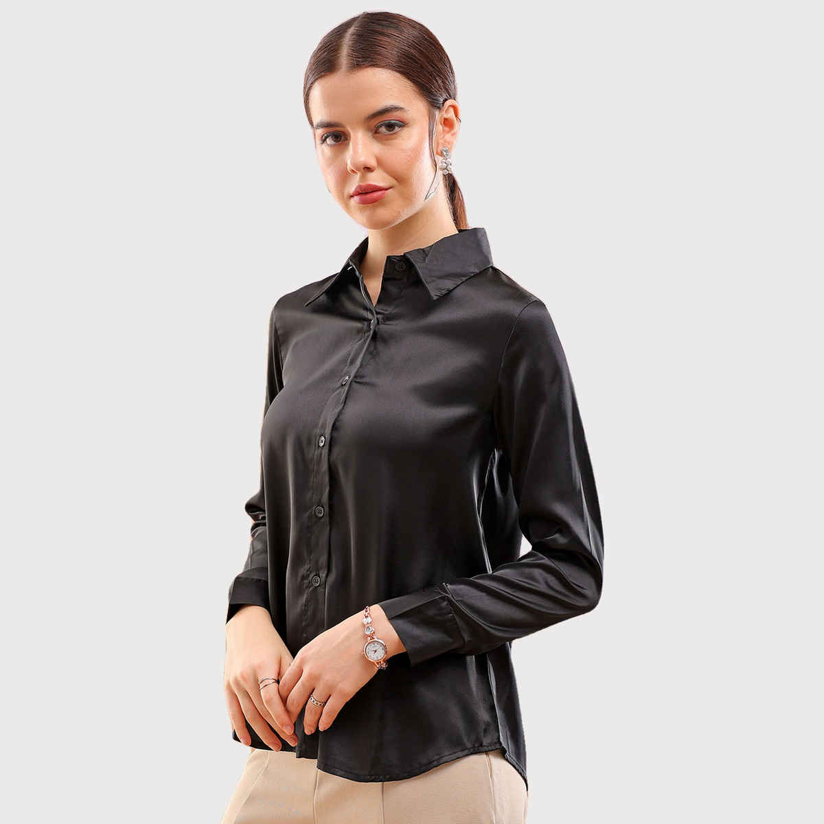Freehand Women | Slim Solid Casual Regular Shirt | Black | L