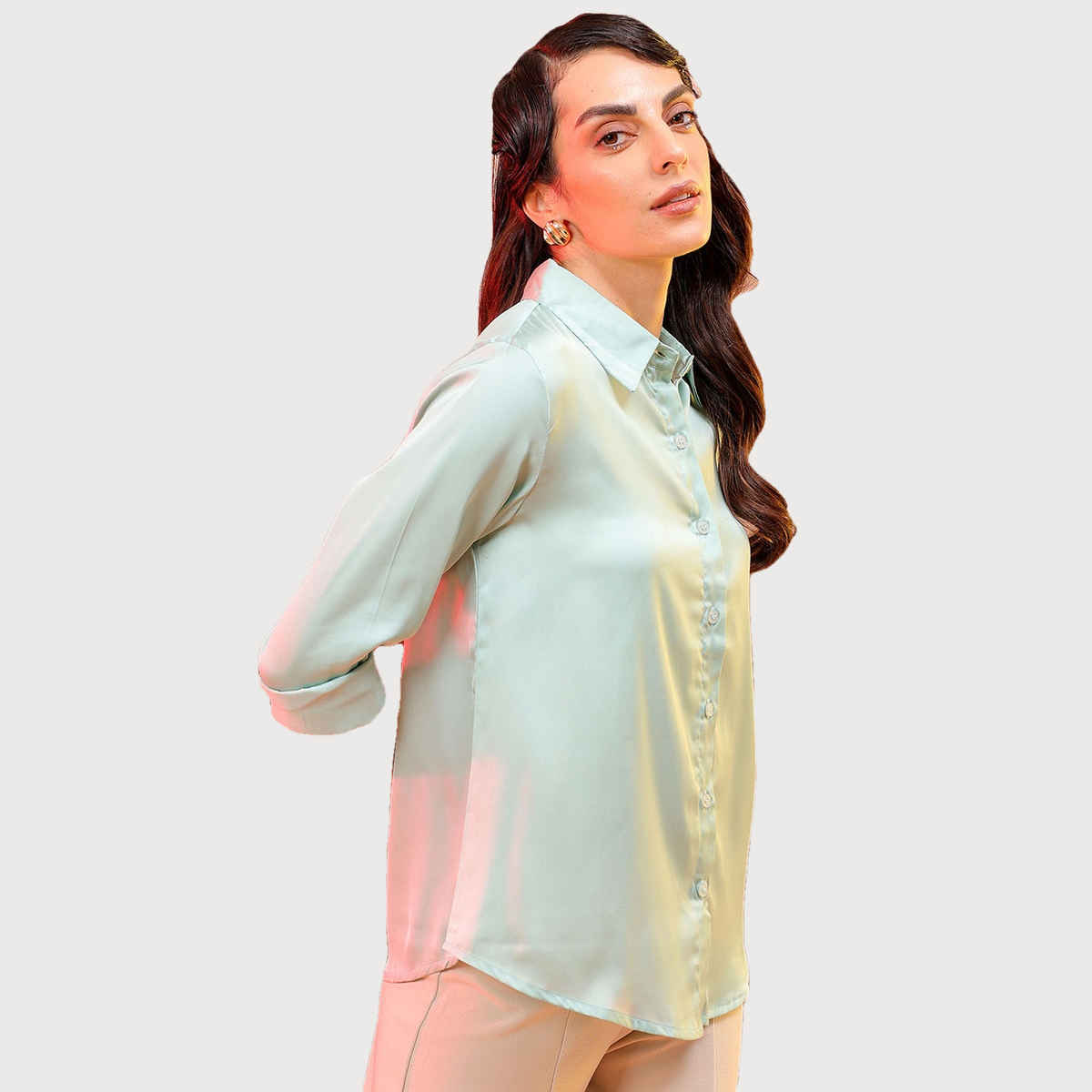 Freehand Women's Slim Solid Casual Solid Satin Shirt | Light Green - XL