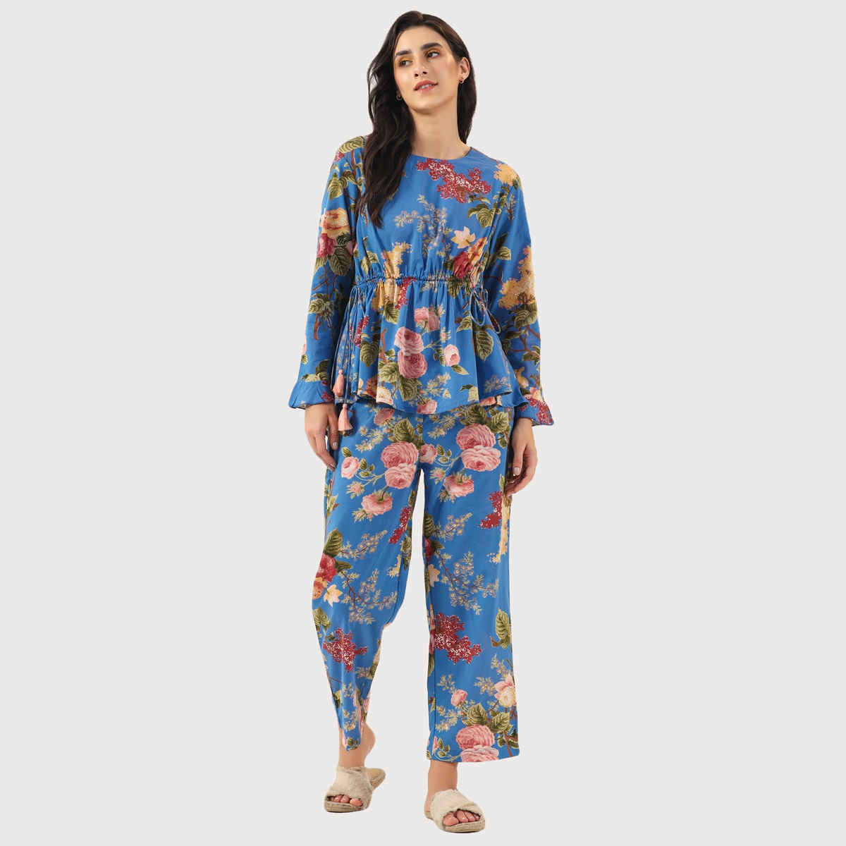 Sanskrutihomes Floral Printed Pure Cotton Night Suit | Blue | XL