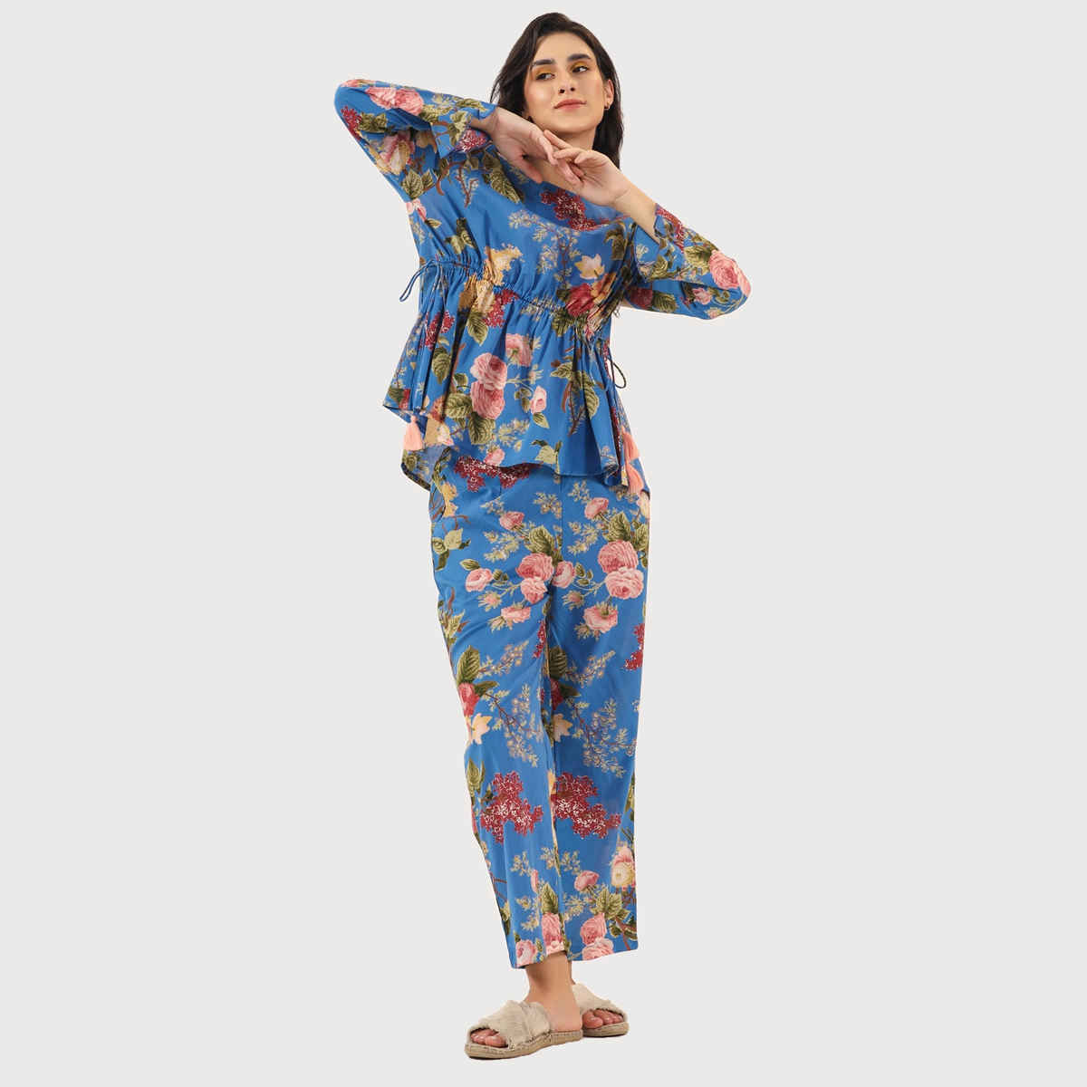 Sanskrutihomes Floral Printed Pure Cotton Night Suit | Blue | XL