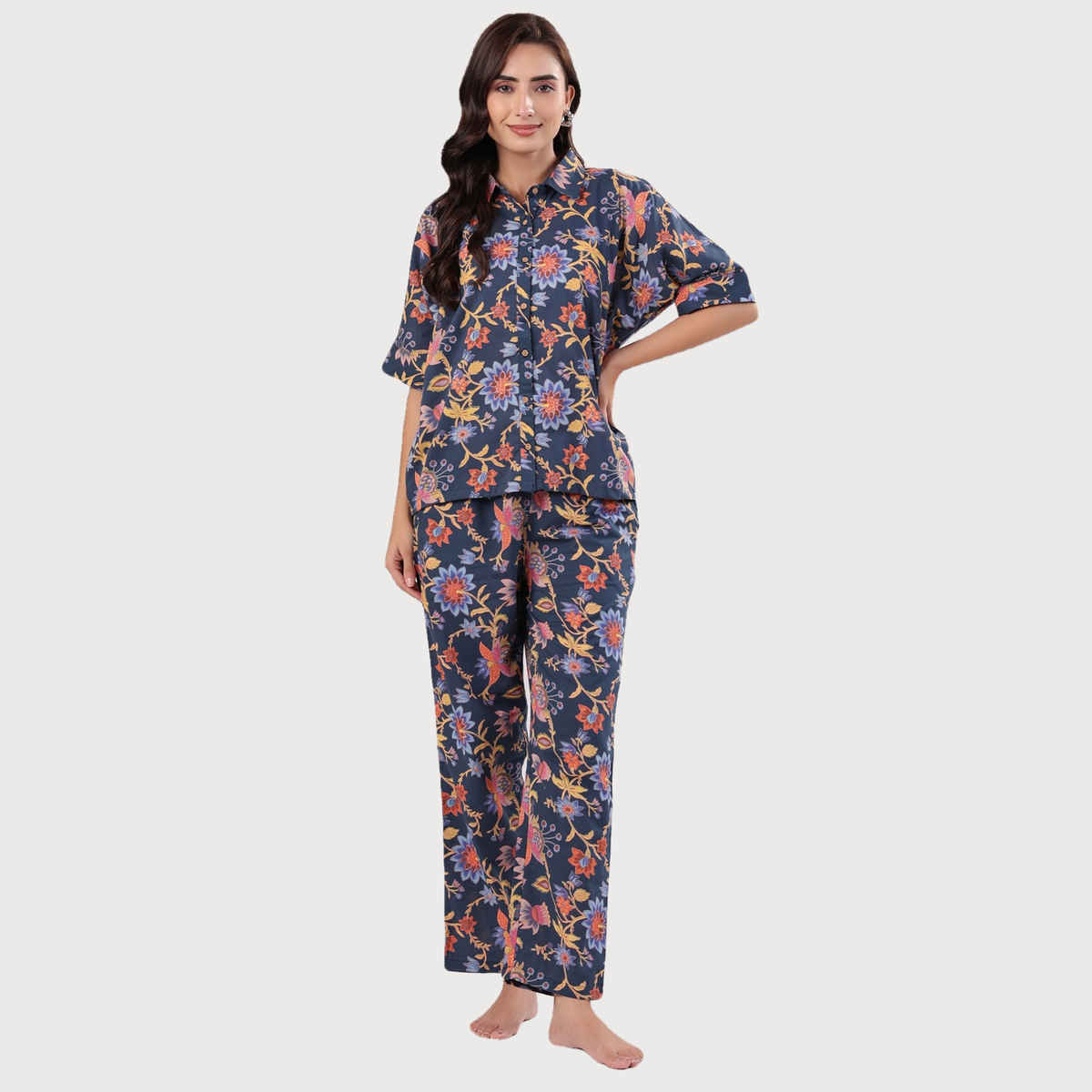 Sanskrutihomes Women Ethnic Motifs Printed Navy Night Suit SE-NSP-494 | M