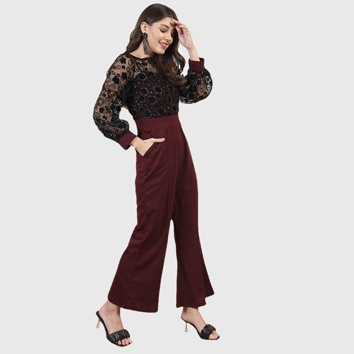 Athena Women's Floral Self Design Embellished Basic Jumpsuit | Maroon and Black - S