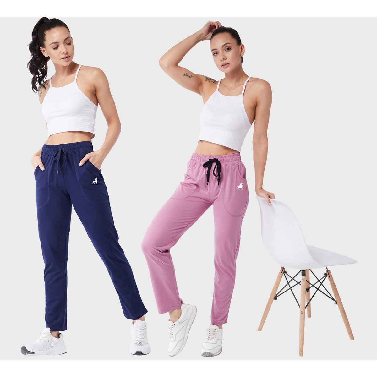 Modeve Women's Cotton Blend Solid Track Pant for Summer | Navy and Onion | L